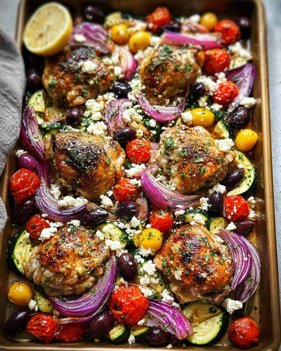Sheet pan of roasted chicken thighs with cherry tomatoes, red onion, olives, zucchini, and feta cheese.