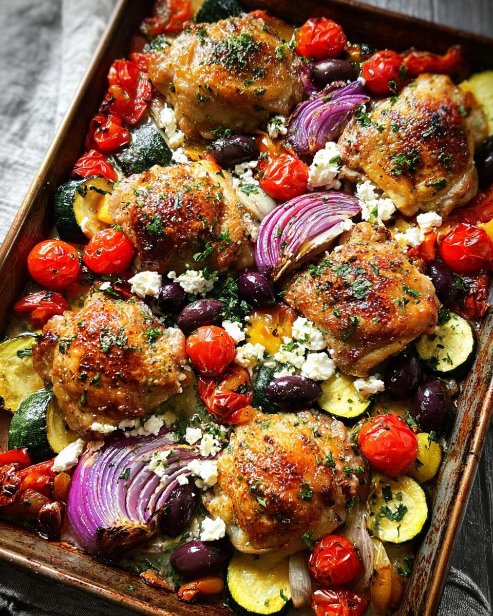 A colorful sheet pan meal with roasted chicken thighs, cherry tomatoes, zucchini, red onion, olives, and feta cheese.