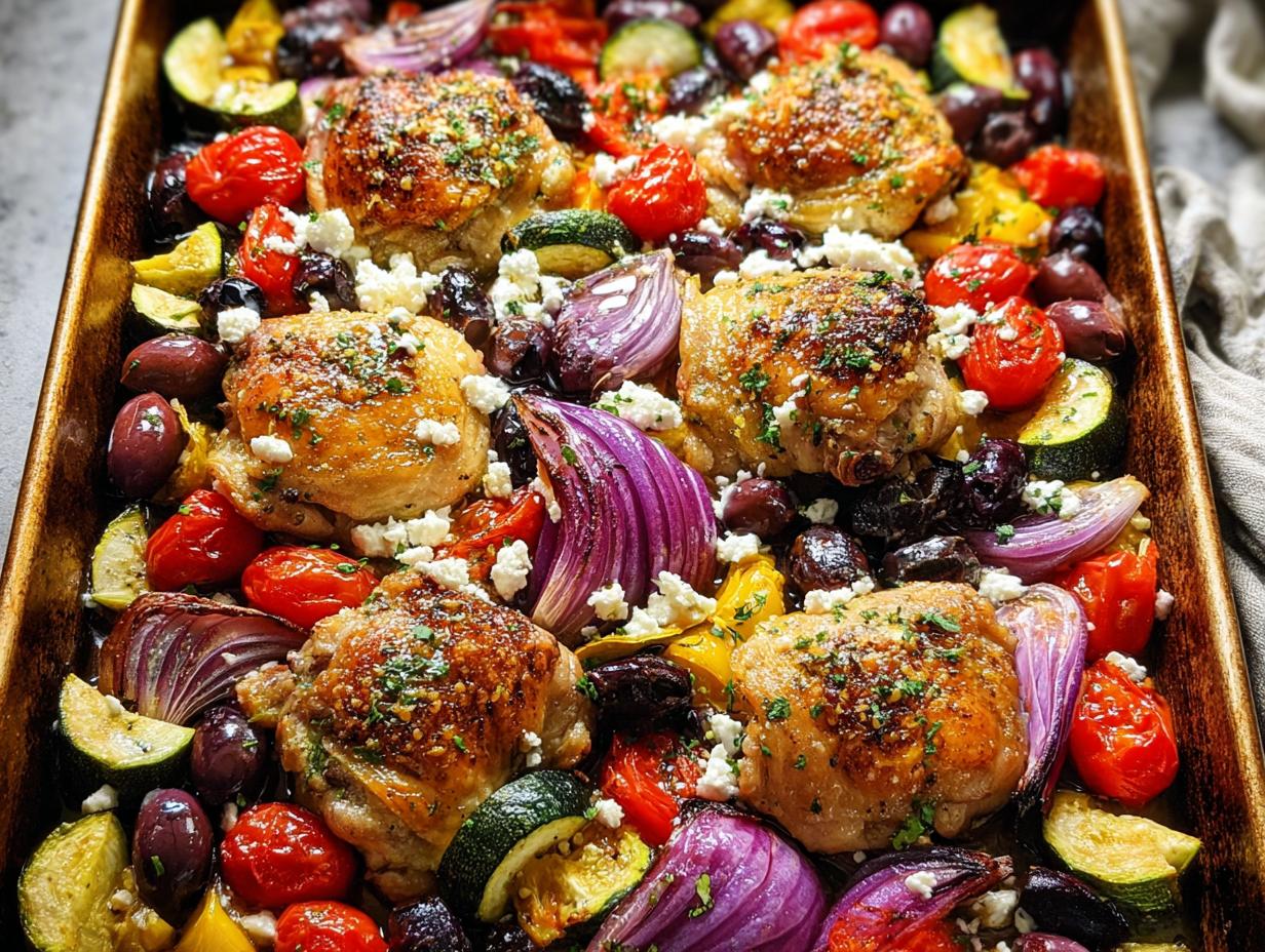 A close-up of a sheet pan filled with roasted chicken thighs, cherry tomatoes, olives, zucchini, red onion, and feta cheese.
