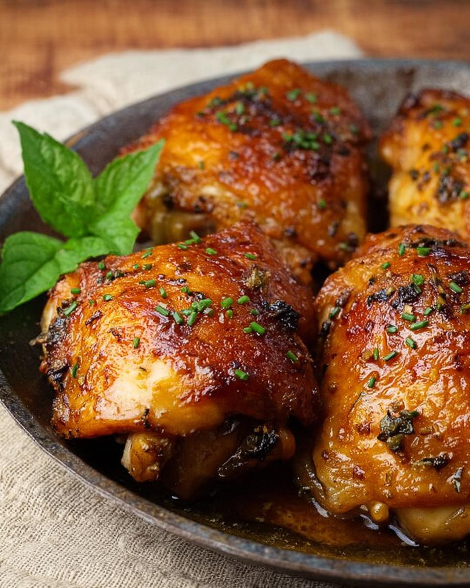 Close-up of perfectly cooked, glazed chicken thighs with herbs, a delicious chicken thigh recipe.
