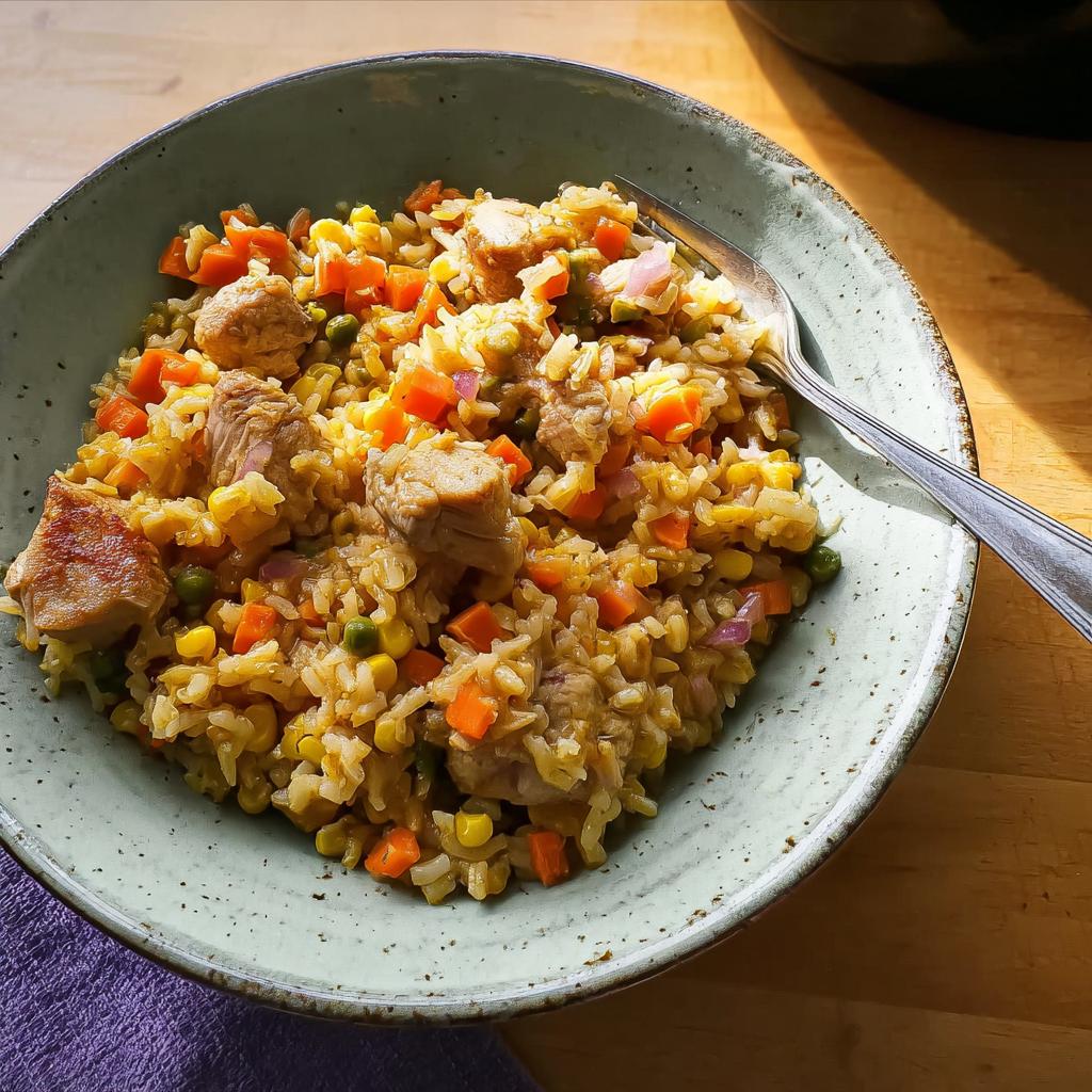 A close-up of a delicious chicken and vegetable rice bowl, featuring rice, chicken pieces, carrots, peas, and corn.