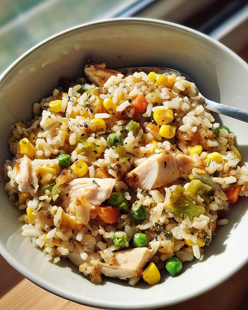 A close-up of a bowl filled with a delicious chicken and vegetable rice bowls recipe, featuring rice, chicken pieces, corn, peas, and carrots.