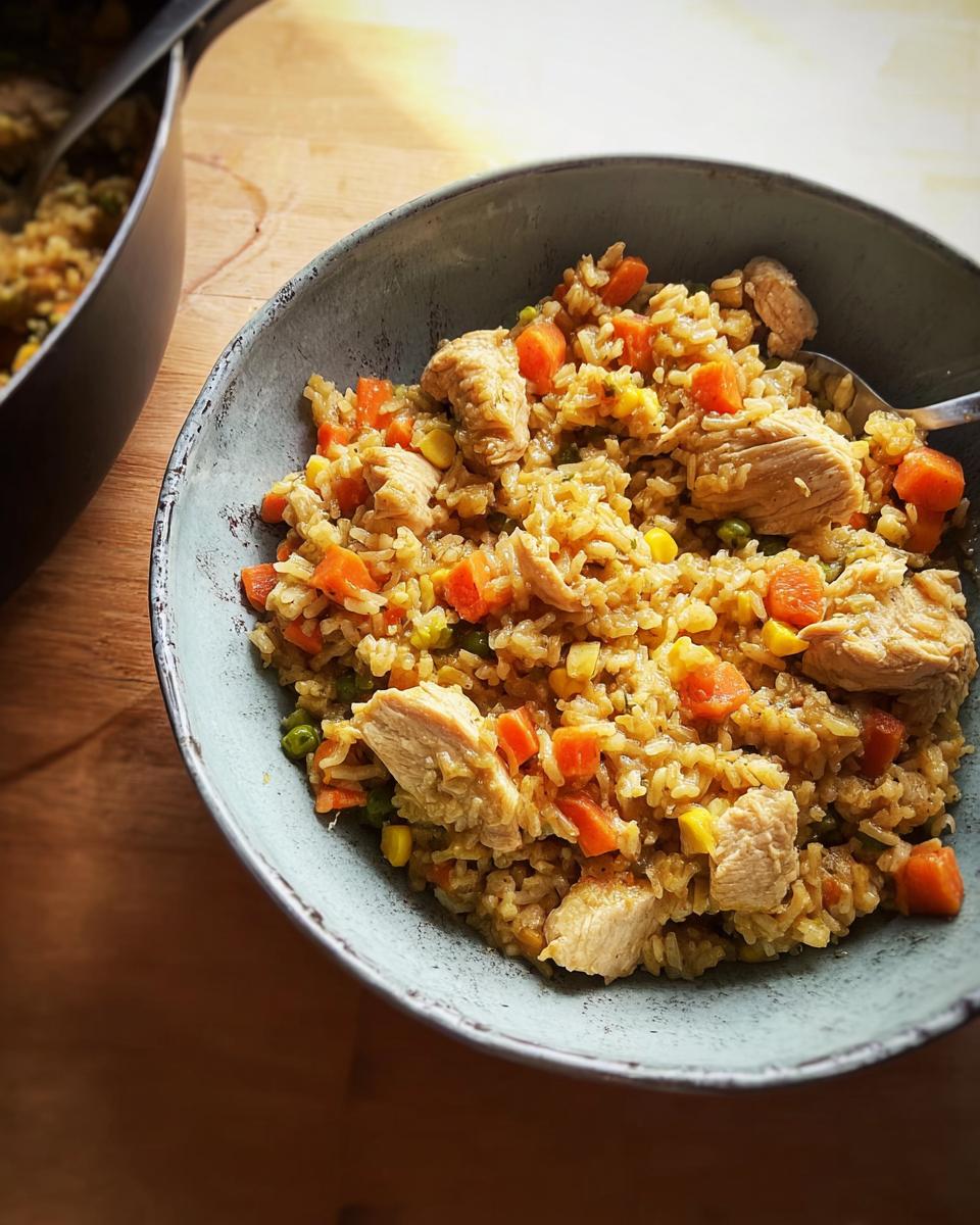 A bowl of chicken and vegetable rice bowls, featuring rice, chicken pieces, carrots, peas, and corn.
