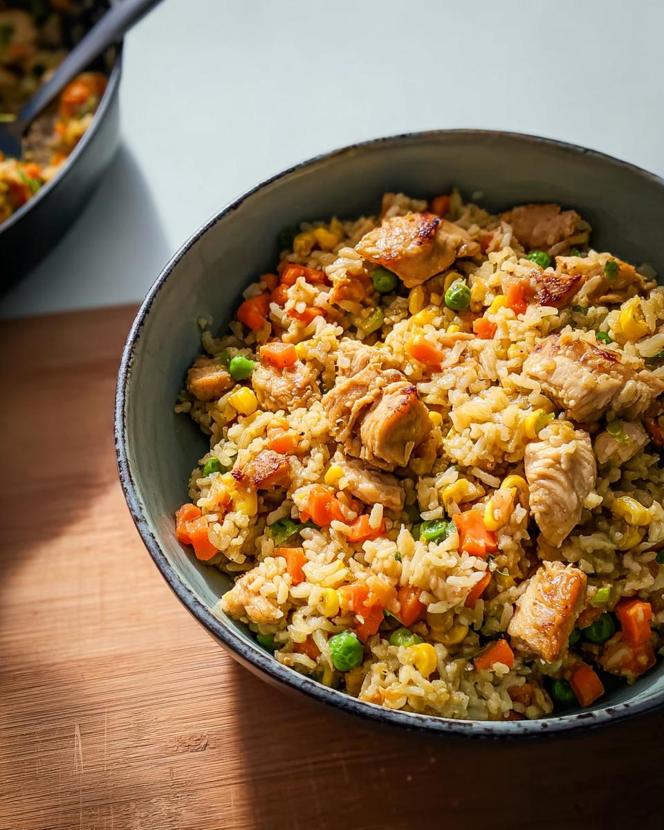 A close-up of a bowl filled with delicious chicken and vegetable rice bowls, featuring rice, chicken pieces, carrots, peas, and corn.