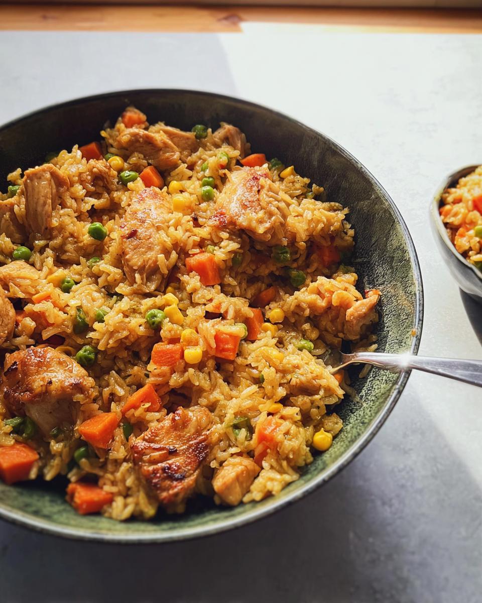Close-up of a delicious chicken and vegetable rice bowl, featuring tender chicken pieces, peas, carrots, and corn mixed with flavorful rice.