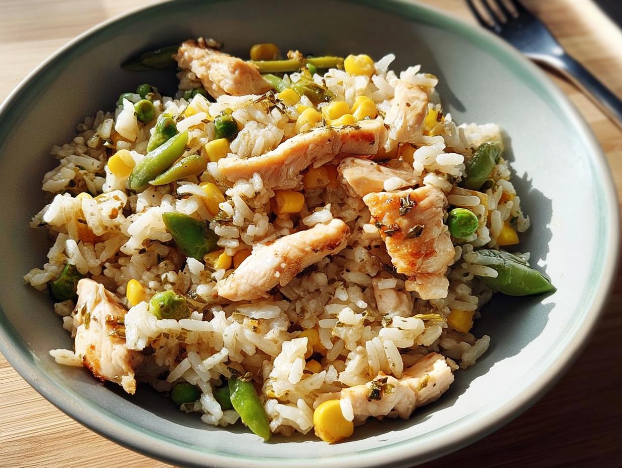 A close-up of a chicken and vegetable rice bowls recipe, featuring rice, chicken pieces, corn, peas, and green beans.
