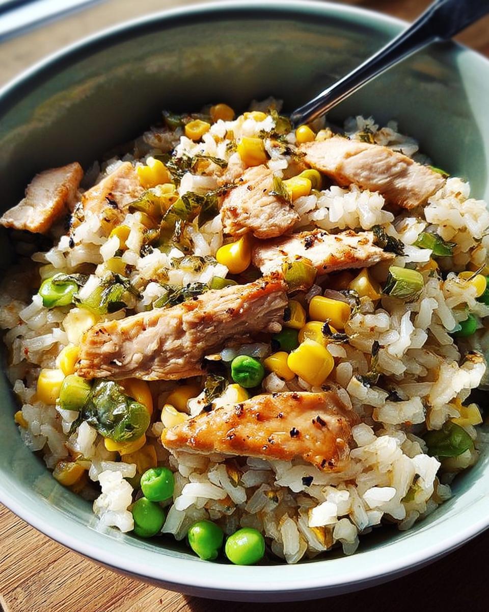 A close-up of a delicious rice bowl recipe featuring seasoned chicken, rice, corn, peas, and greens.
