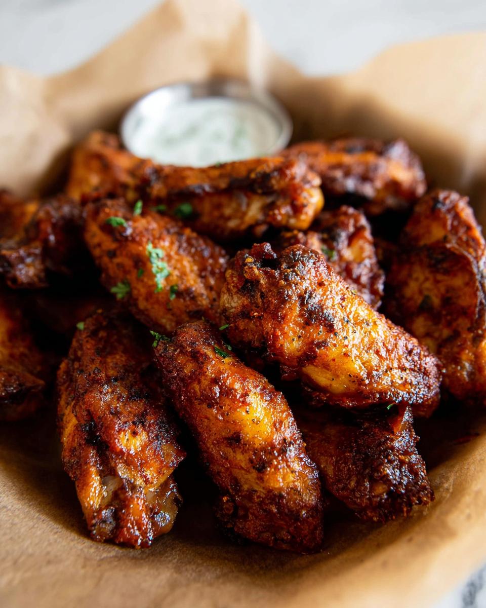 A close-up of a pile of crispy, seasoned chicken wings in 20 minutes, served with a small dish of dipping sauce.