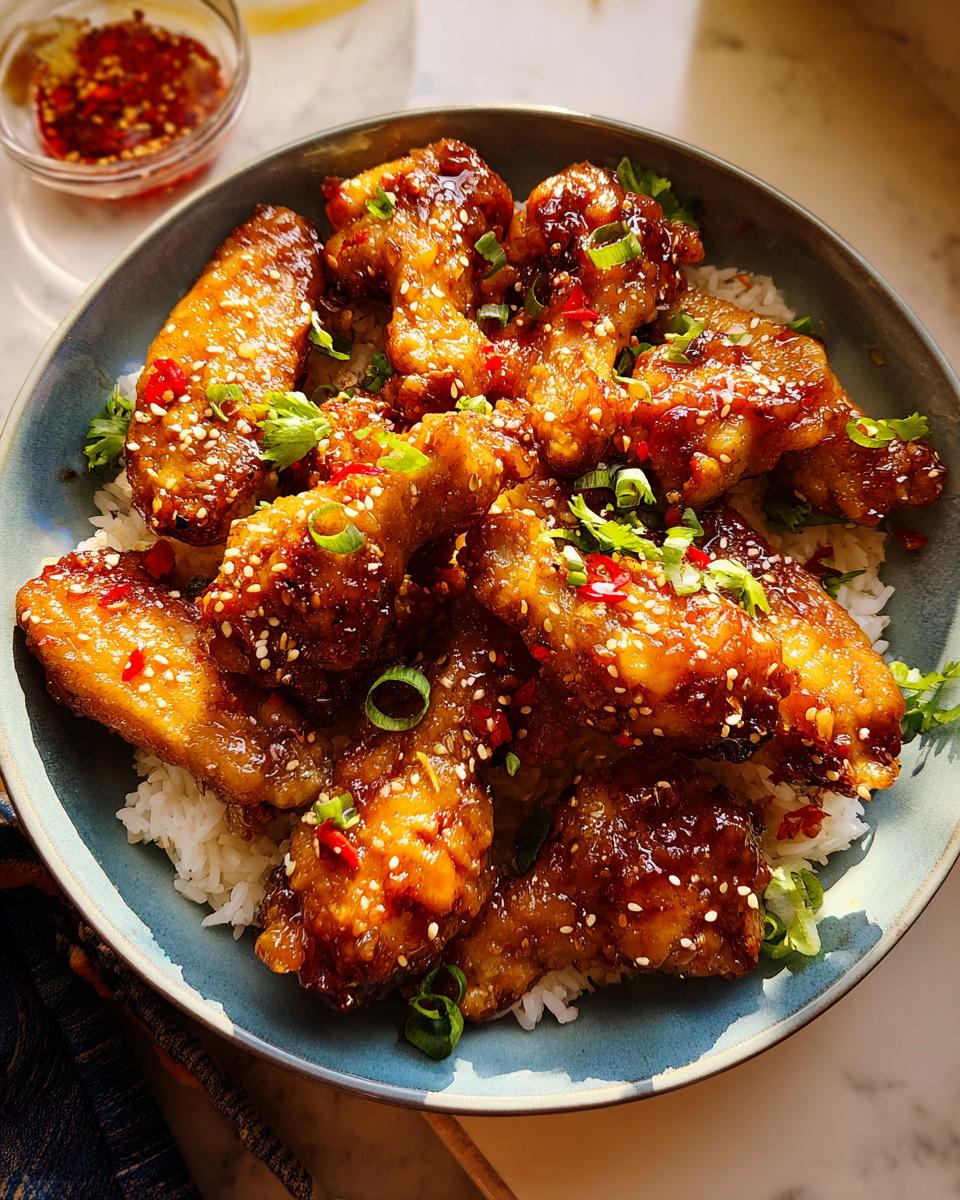 A bowl of glossy, glazed chicken wings served over white rice, garnished with sesame seeds, chili flakes, and green onions.
