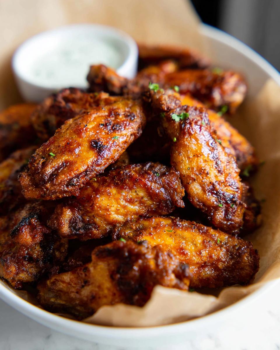 A close-up of a bowl filled with crispy, golden-brown chicken wings, served with a side of dipping sauce.