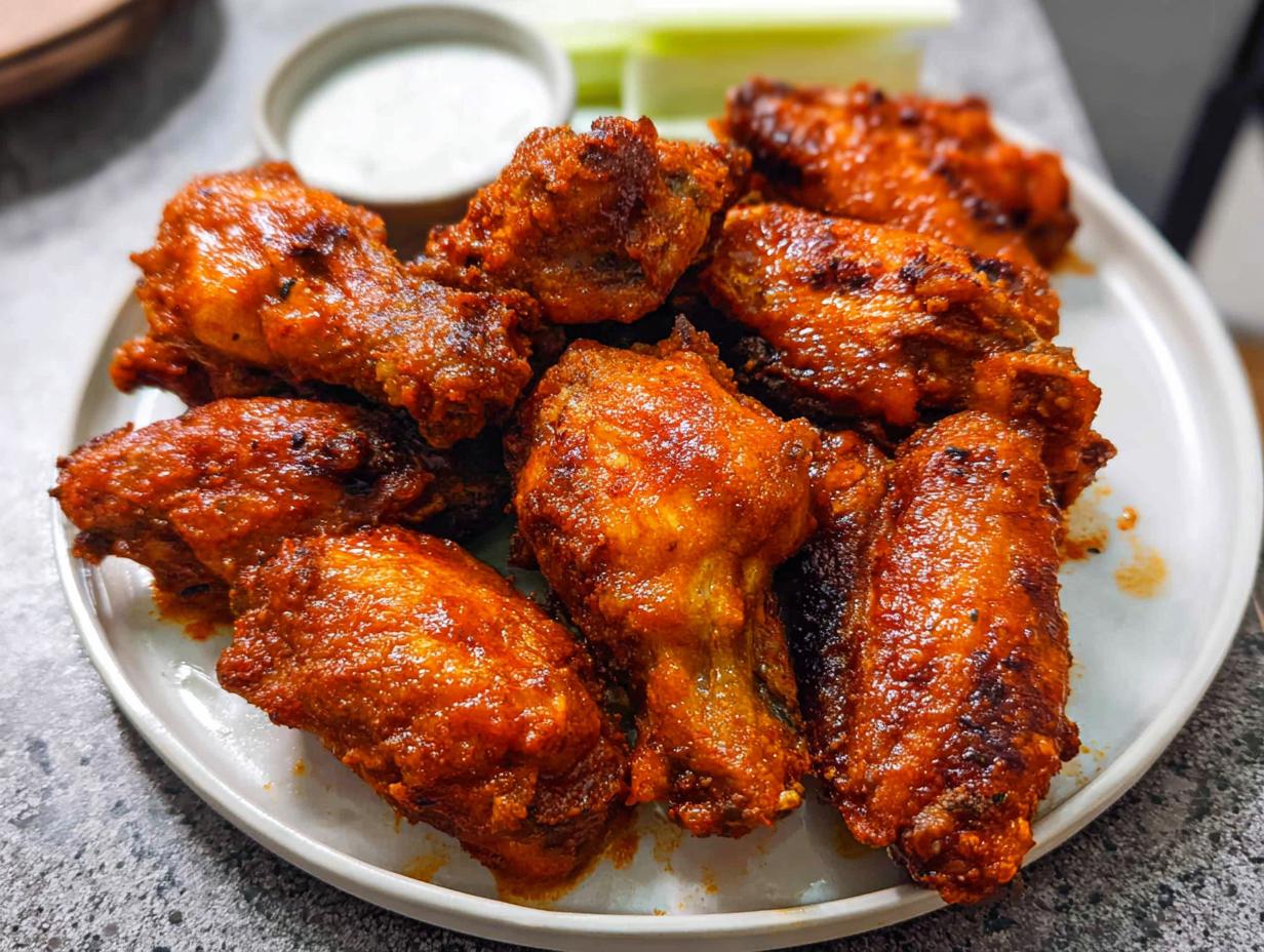 A plate piled high with crispy, saucy chicken wings, perfect for any party or game day.