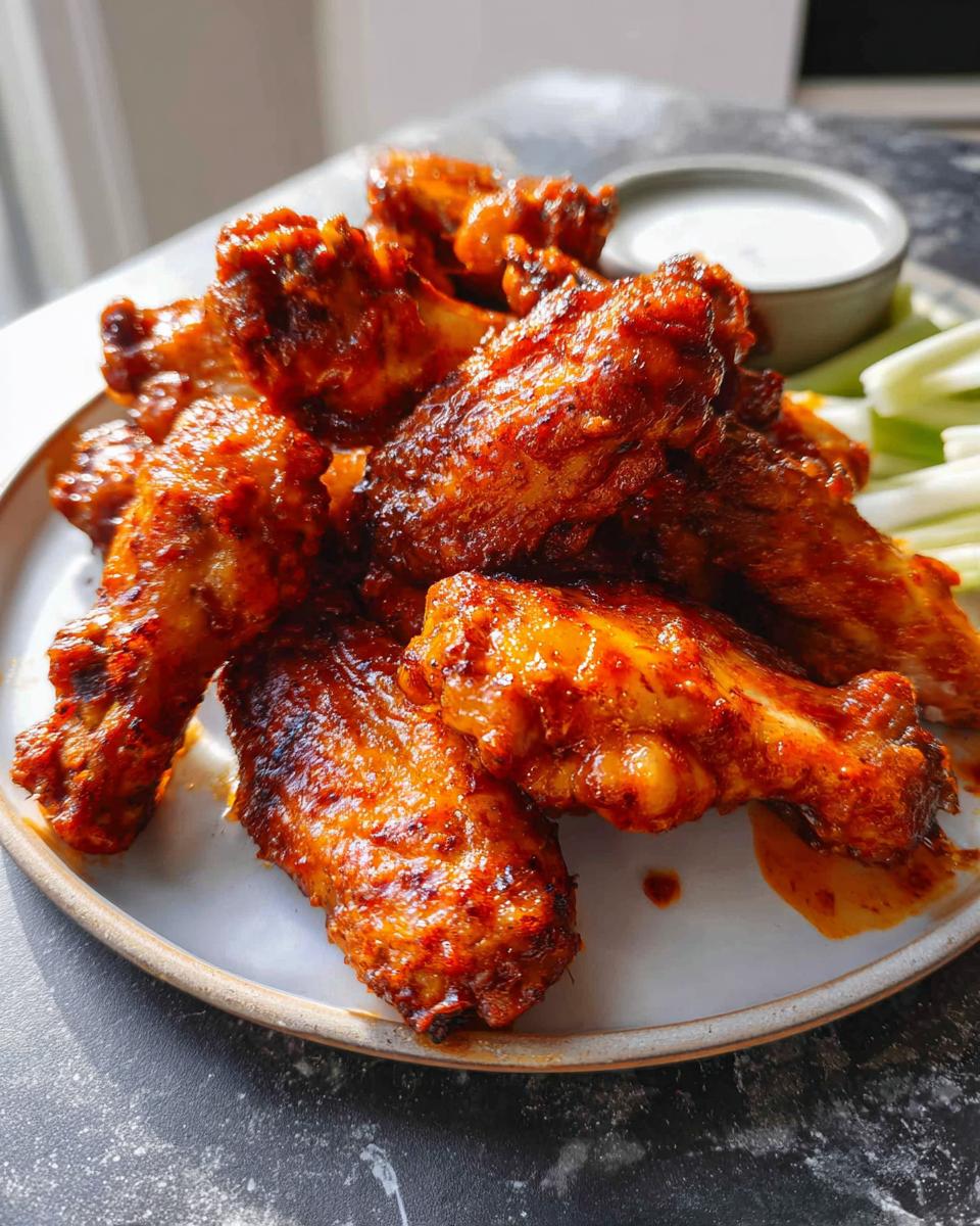 Close-up of a plate piled high with crispy, saucy chicken wings, served with celery sticks and a dipping sauce.