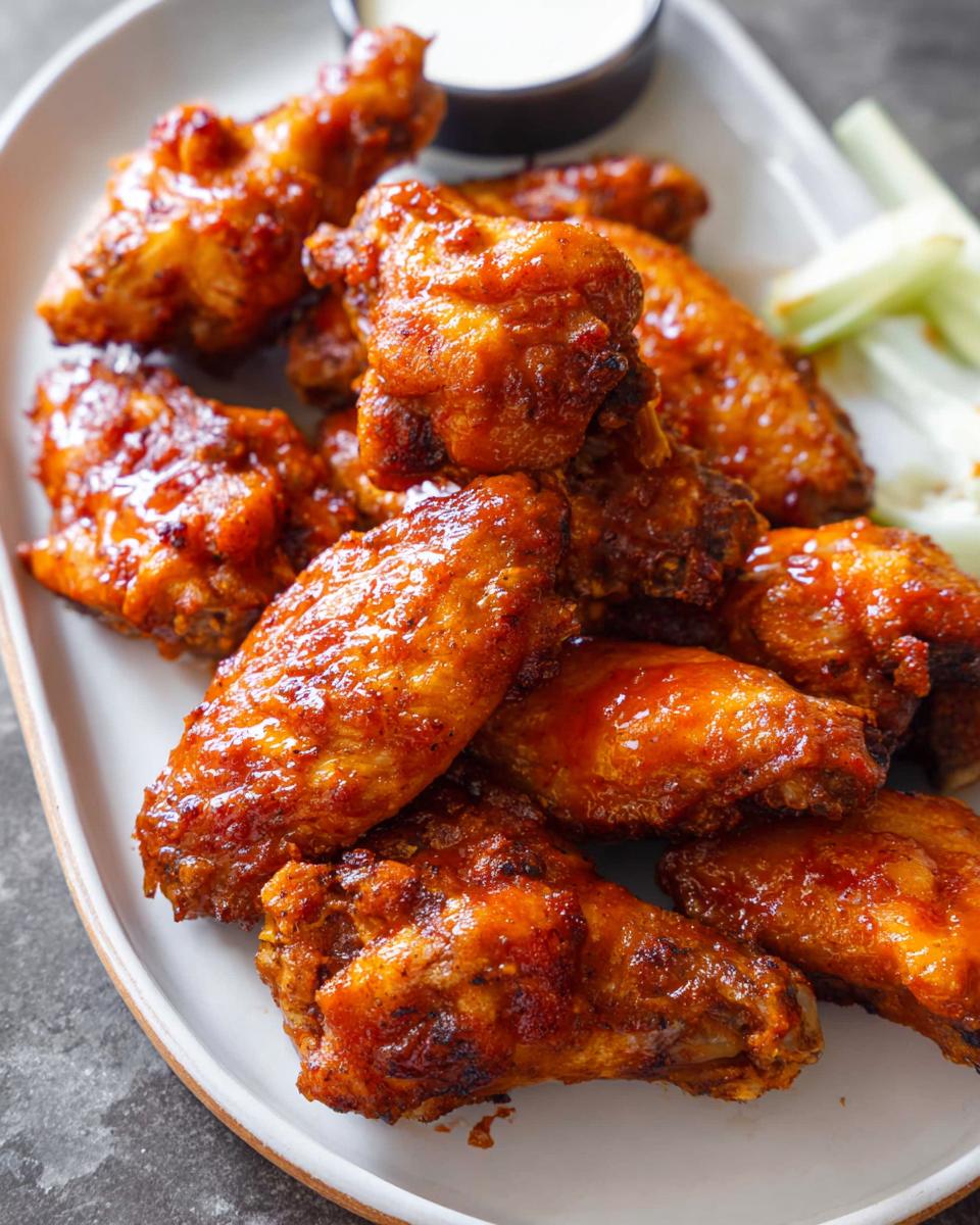A plate full of glossy, saucy chicken wings from our favorite chicken wings recipe.