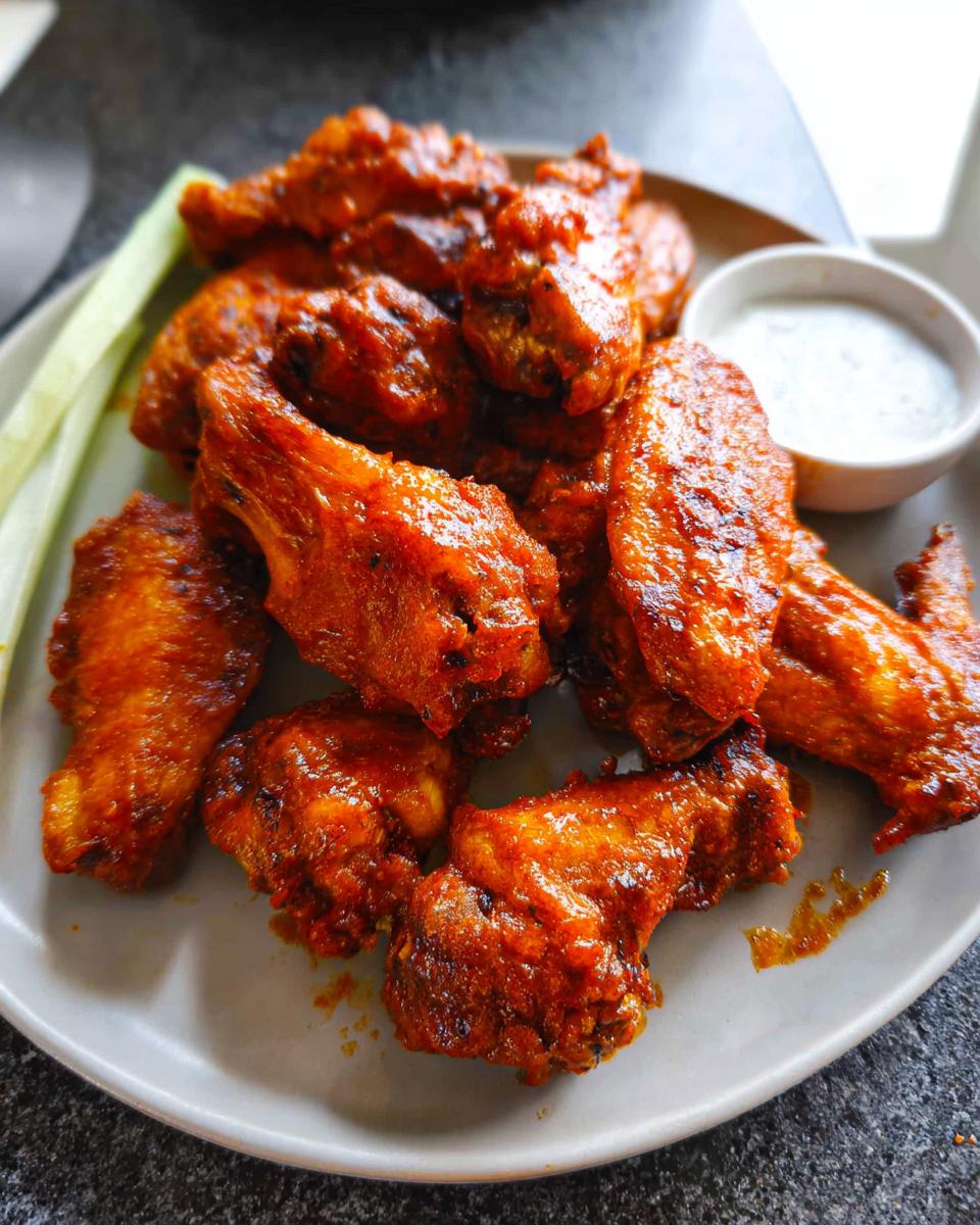 A plate of juicy, saucy chicken wings served with celery sticks and a side of dip, perfect for a chicken wings recipe.