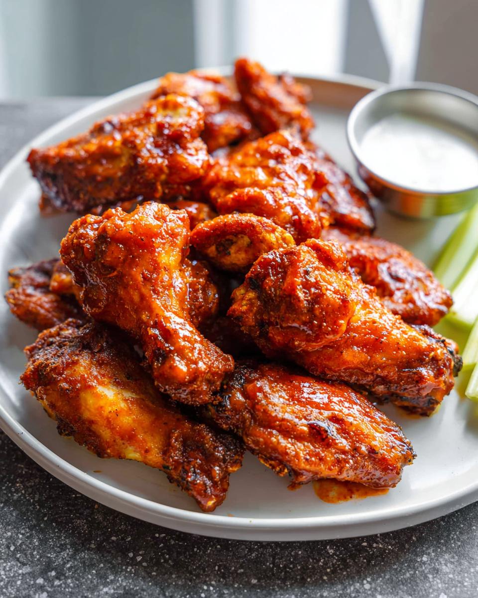 A plate piled high with glossy, saucy chicken wings, served with a side of ranch dip and celery sticks.
