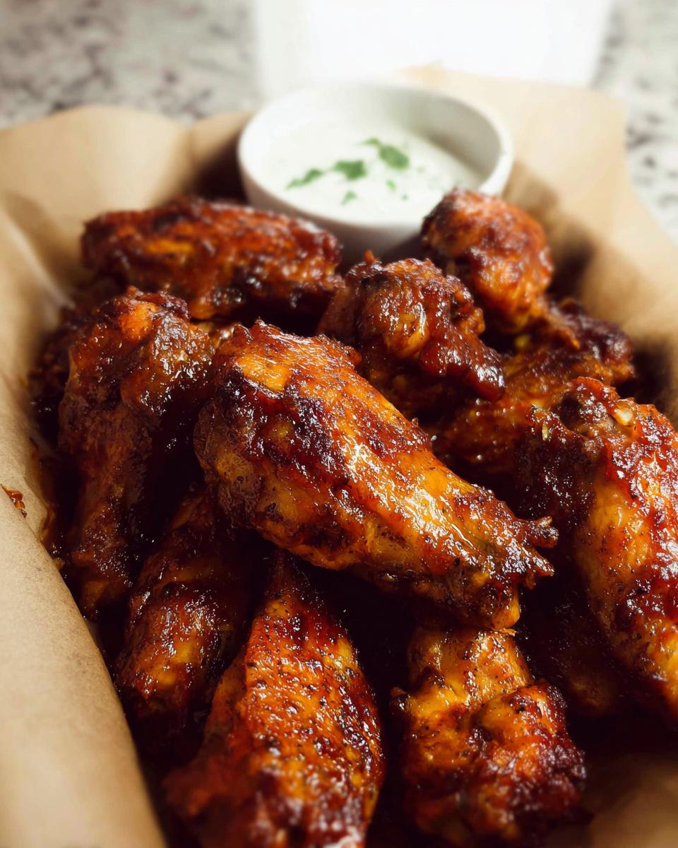 Close-up of a basket of glossy, baked chicken wings, served with a side of dipping sauce.