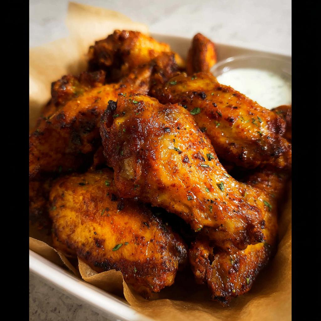 A close-up of perfectly seasoned and crispy chicken wings, ready to be served with a side of dipping sauce.