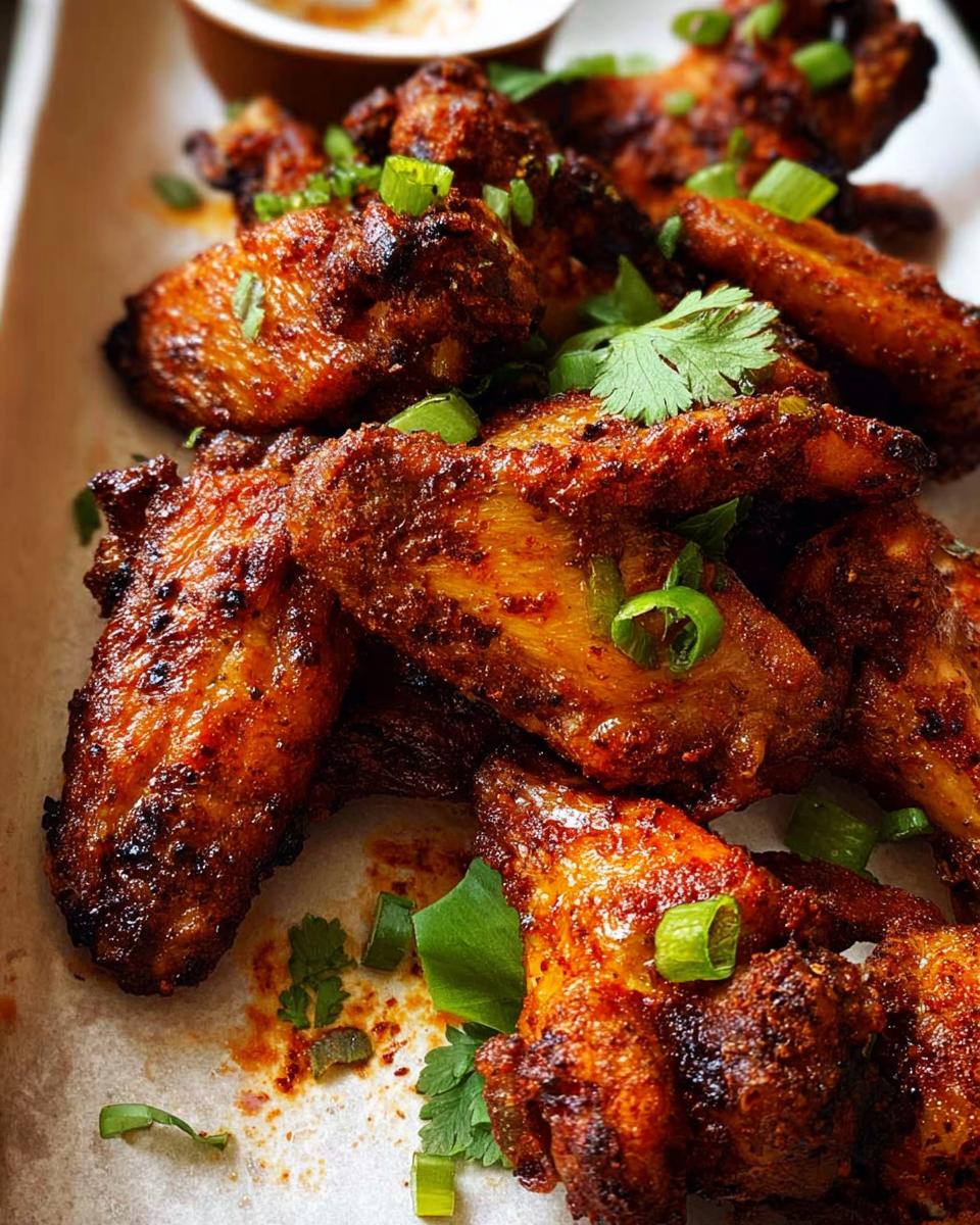 Close-up of perfectly seasoned and baked chicken wings, garnished with green onions and cilantro.
