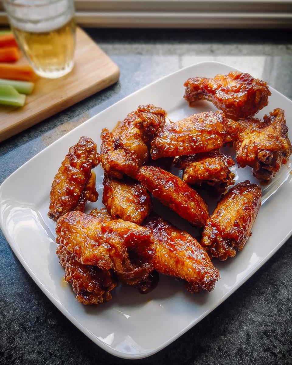 A plate of glossy, glazed chicken wings, perfect for when you crave chicken wings recipes.