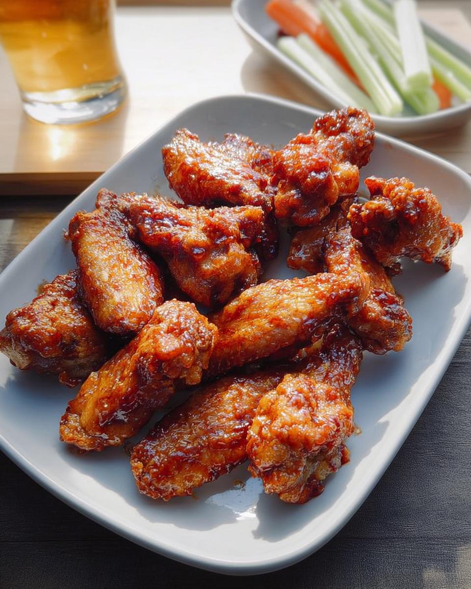 A plate of glistening, saucy chicken wings, perfect for any craving.