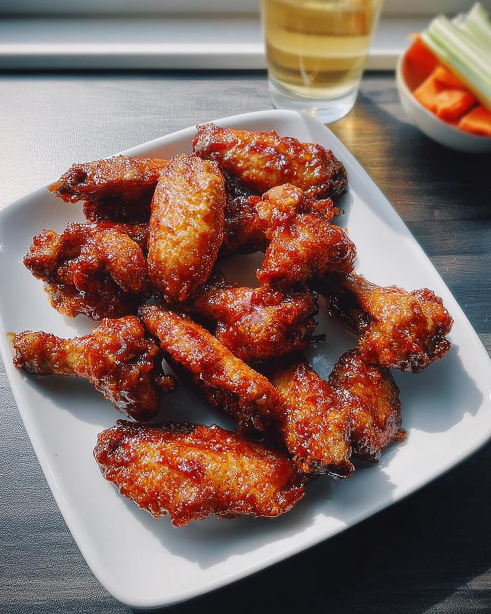 A plate full of glossy, glazed chicken wings, perfect for when you crave chicken wings recipes.