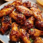 A plate full of glazed chicken wings, sprinkled with sesame seeds, perfect for chicken wings recipes meal prep.