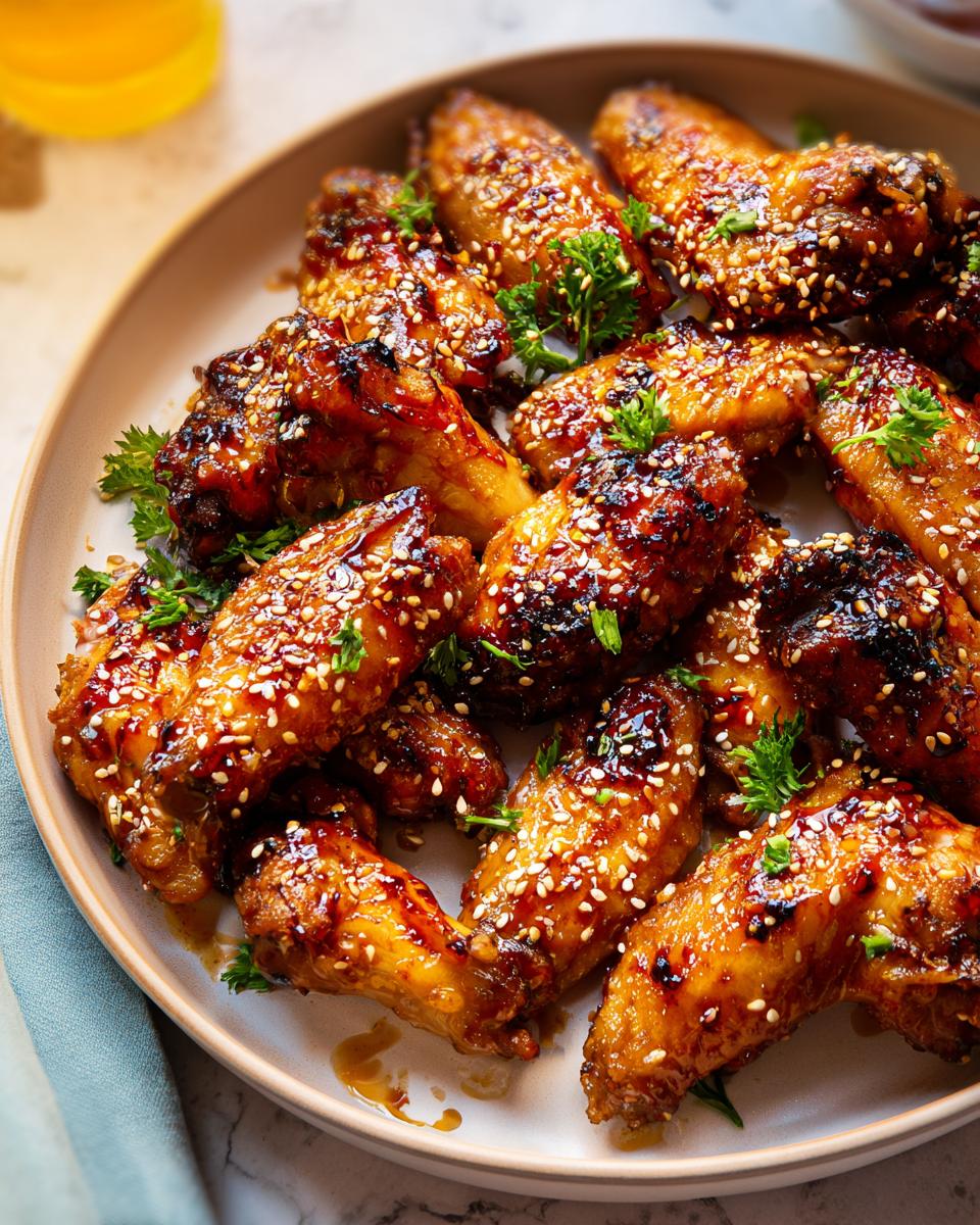 A plate full of glossy, glazed chicken wings topped with sesame seeds and parsley, perfect for chicken wings recipes meal prep.