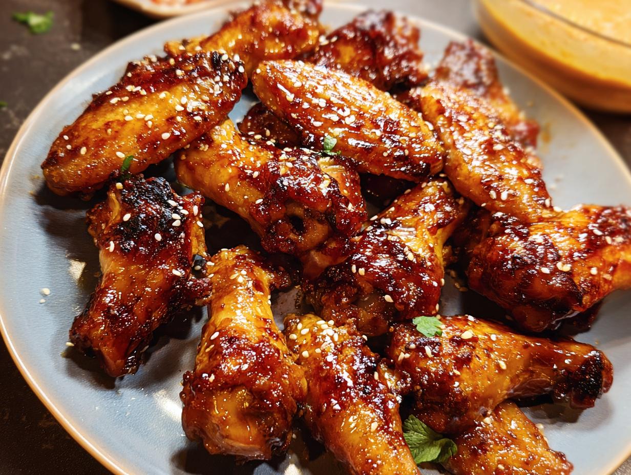 A plate full of glazed chicken wings, sprinkled with sesame seeds, perfect for chicken wings recipes meal prep.