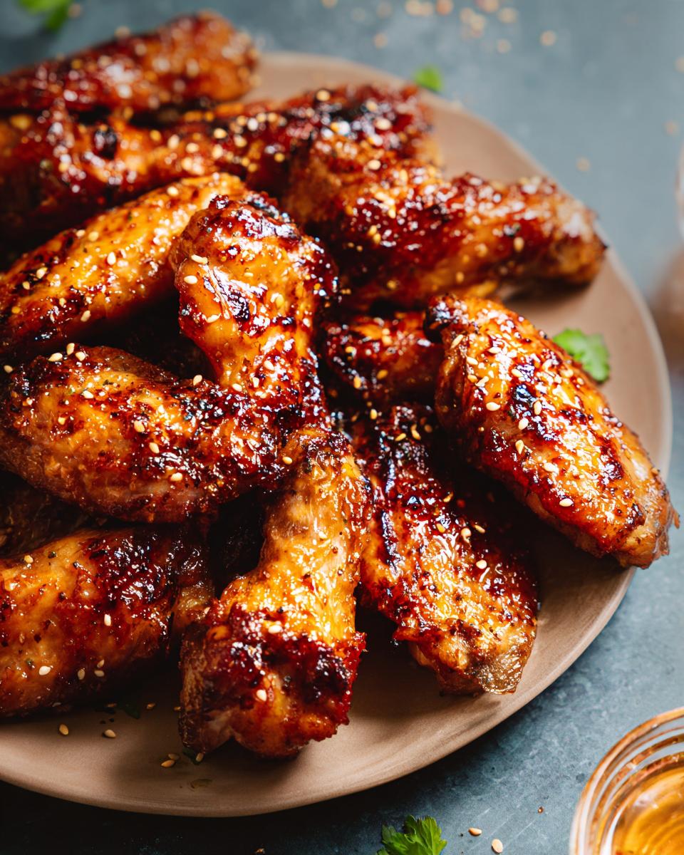 Close-up of a plate piled high with glistening, glazed chicken wings, sprinkled with sesame seeds.