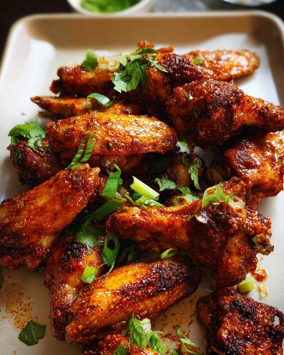 A close-up shot of a platter of perfectly cooked, crispy chicken wings, garnished with fresh green onions and herbs.