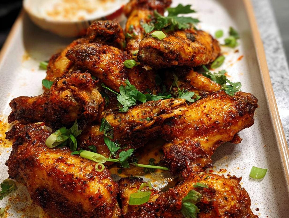 Close-up of a platter of perfectly cooked, seasoned chicken wings, garnished with fresh herbs.