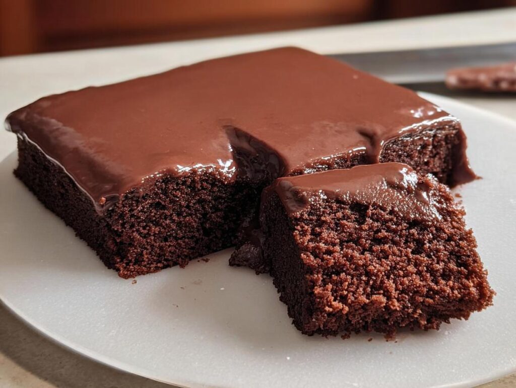 A slice of rich chocolate cake with glossy chocolate frosting, showcasing its moist texture.