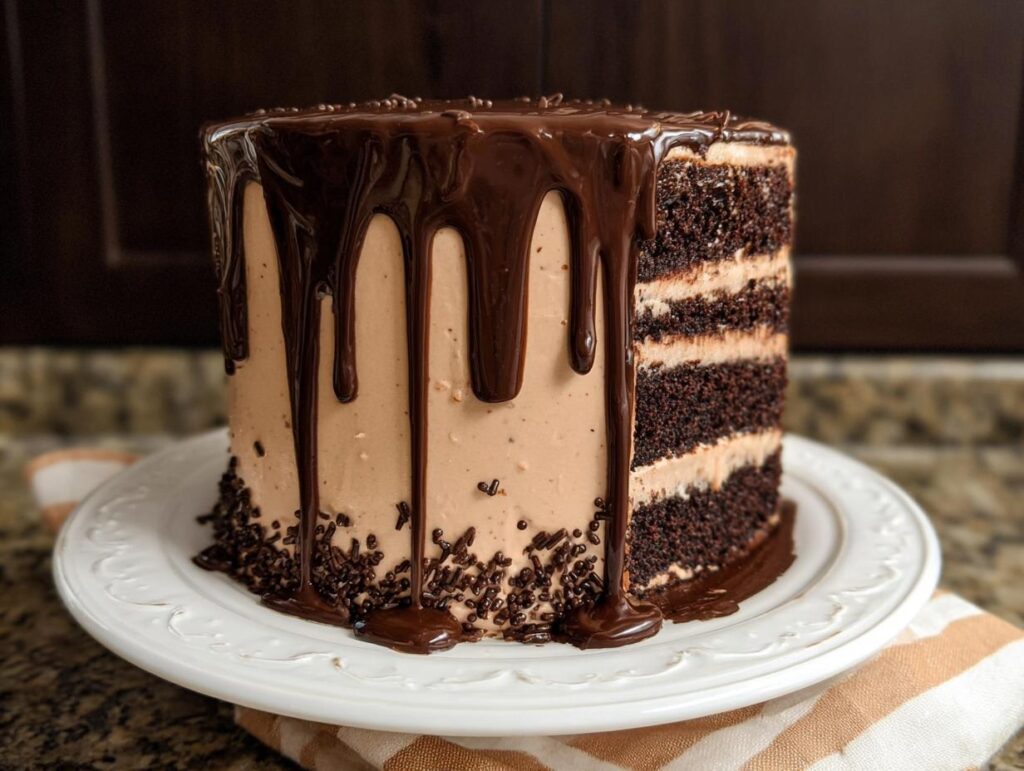A tall, multi-layered chocolate cake with rich chocolate frosting and ganache drip, decorated with chocolate sprinkles. A perfect example of cake ideas recipes.