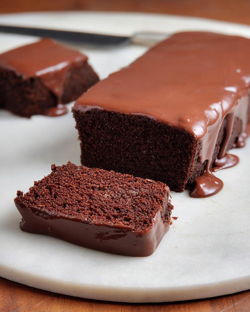 A close-up of a decadent chocolate cake recipe, with a slice cut and covered in glossy chocolate frosting.