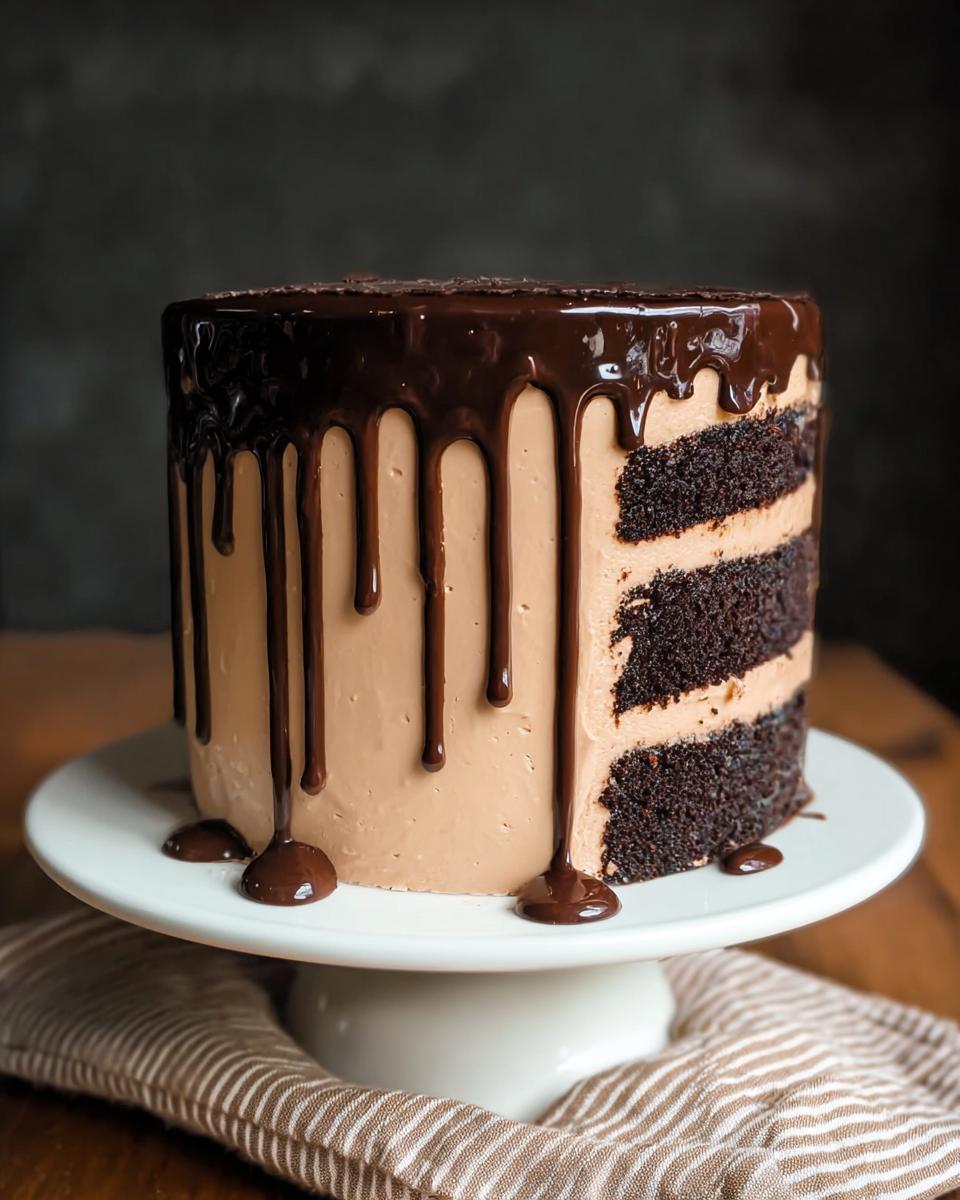 A tall, multi-layered chocolate cake with rich chocolate frosting and ganache drip, showcasing amazing cake ideas recipes.