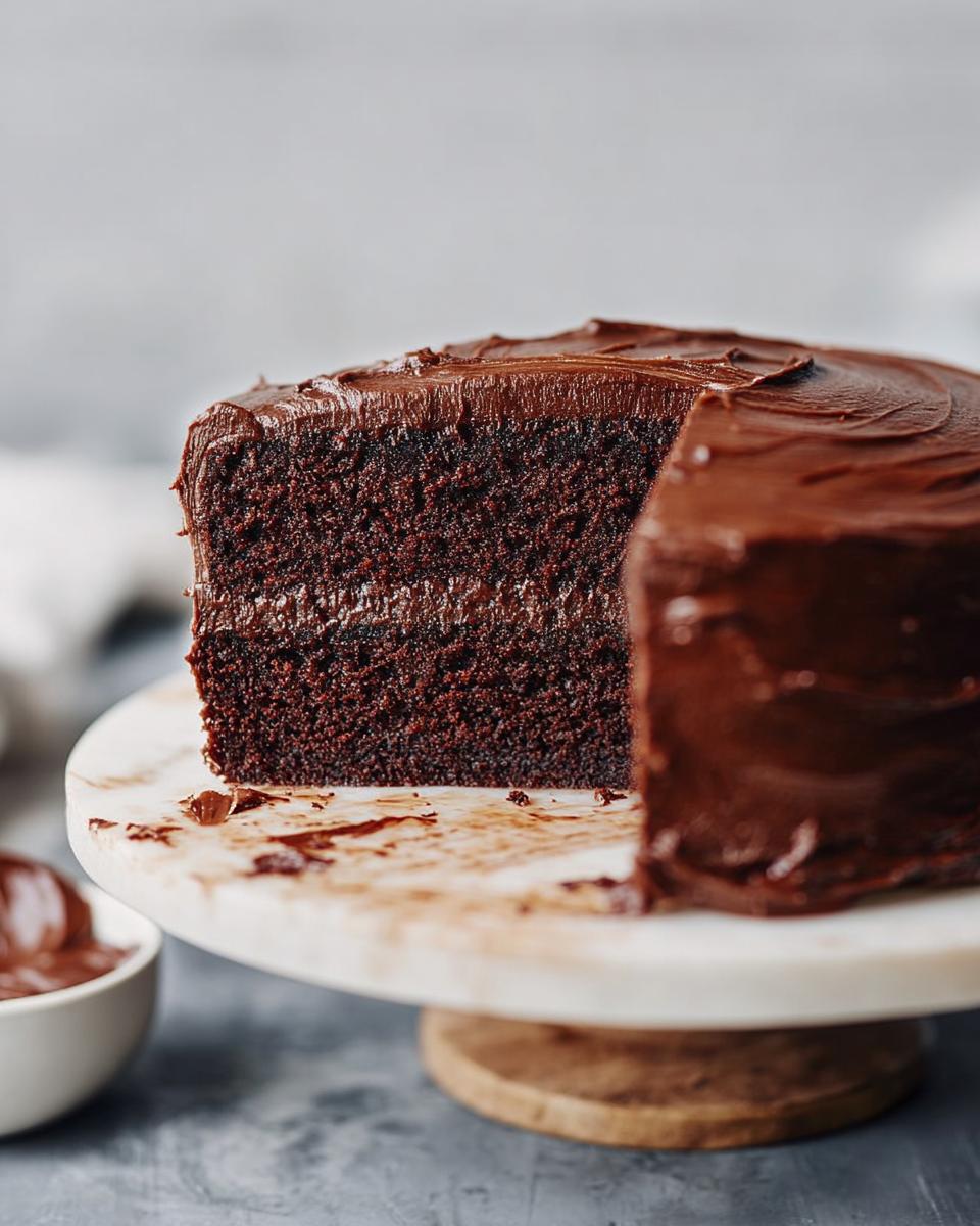 A rich chocolate cake with glossy frosting, sliced to reveal moist layers. Perfect for 7-Ingredient Cake Ideas Recipes.