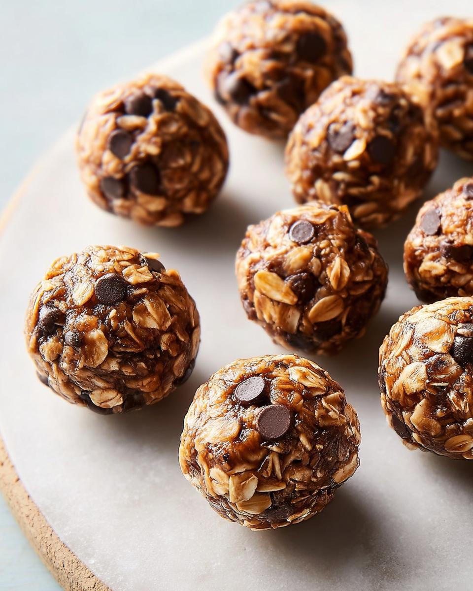 Close-up of delicious no-bake chocolate chip oat balls, a perfect breakfast idea recipe.