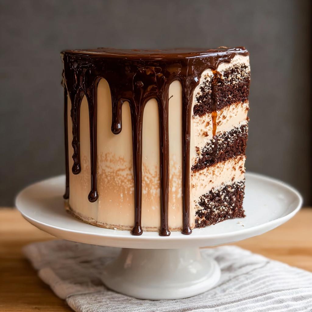 A slice of a decadent chocolate cake with layers of chocolate cake and caramel frosting, topped with chocolate ganache drips.