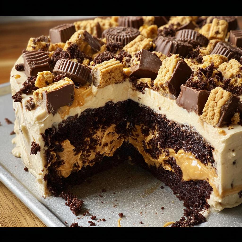 A rich chocolate cake with peanut butter filling and frosting, topped with chocolate candies and cookie crumbles. A perfect example of cake ideas recipes.