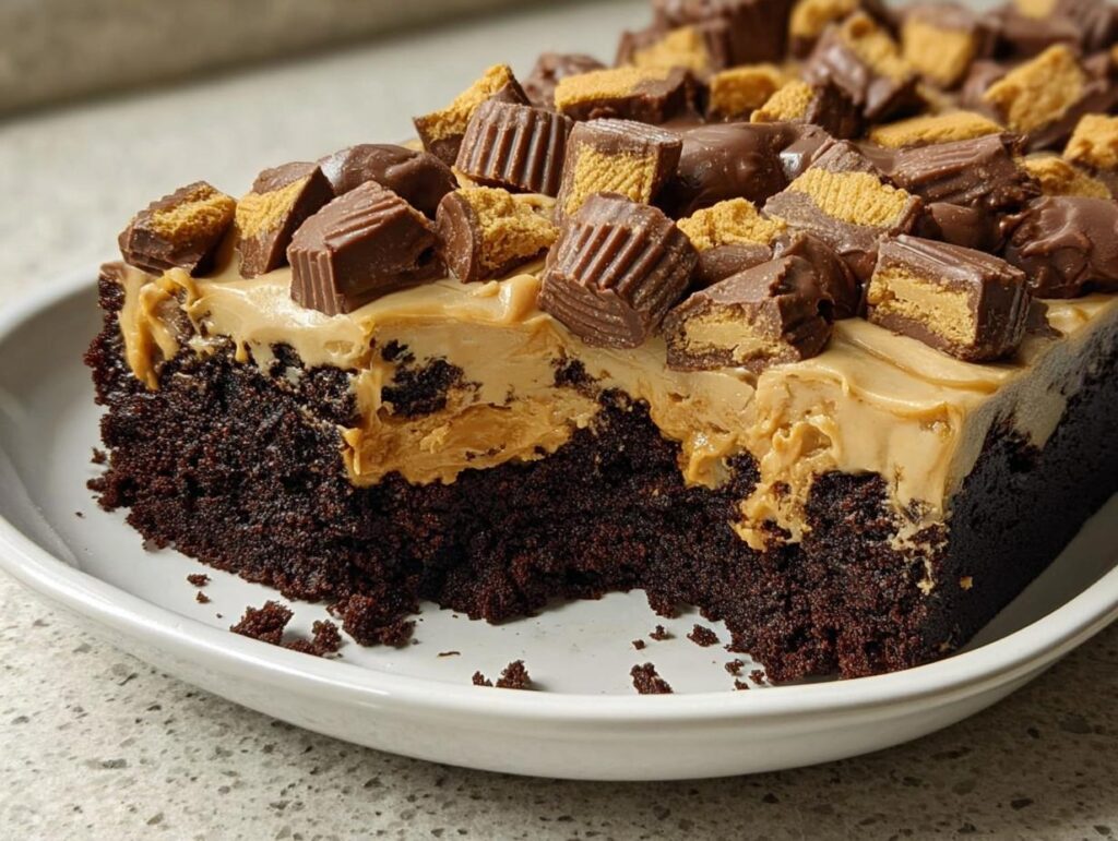 A rich chocolate cake topped with peanut butter frosting and chopped peanut butter cups, part of Cake Ideas Recipes in 12 Minutes.