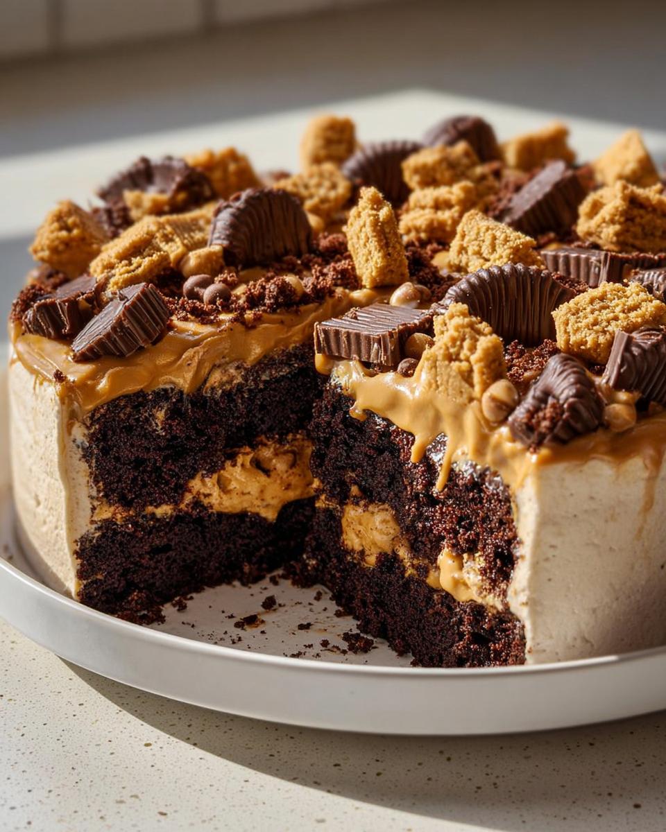 A rich chocolate cake with layers of peanut butter frosting, topped with peanut butter cups and cookies. A slice is cut out.