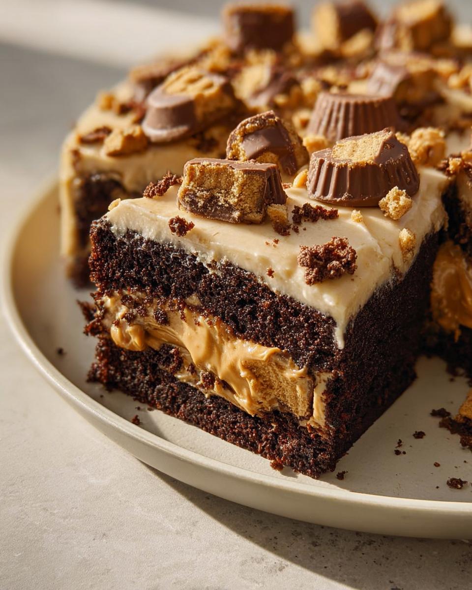 A slice of rich chocolate cake with peanut butter filling and frosting, topped with peanut butter cups.