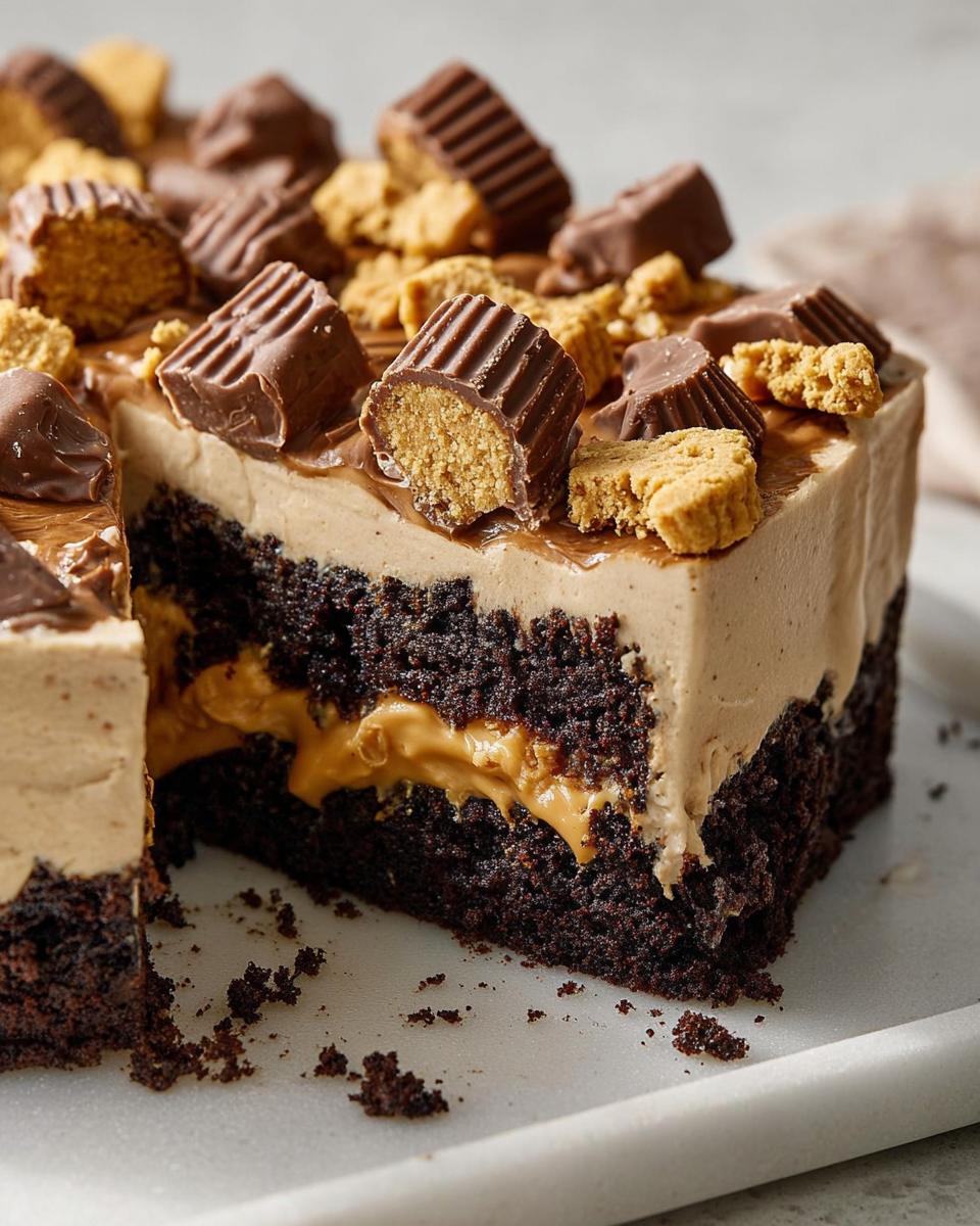 A decadent slice of chocolate cake with peanut butter filling and topped with Reese's peanut butter cups.