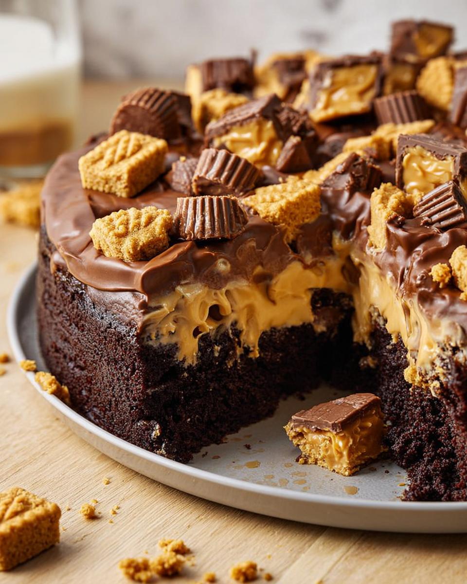 A decadent chocolate cake with peanut butter filling and chocolate peanut butter cup toppings, perfect for cake ideas recipes.