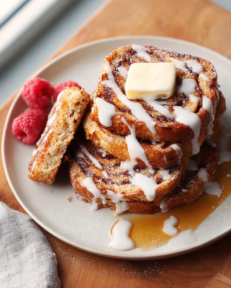 Stack of cinnamon roll French toast drizzled with icing, topped with butter, and served with raspberries. A restaurant-style breakfast idea.