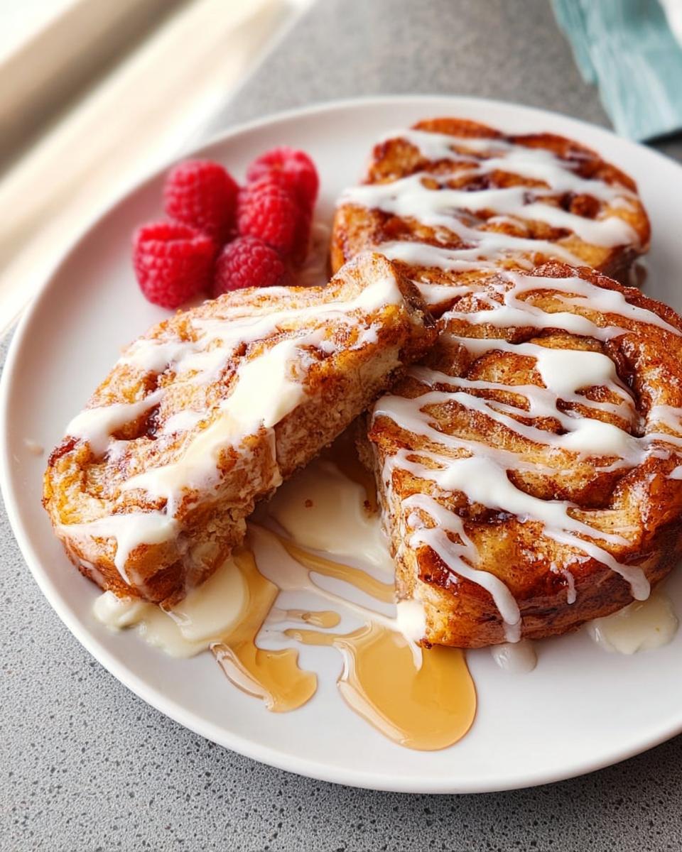 Three cinnamon rolls drizzled with white glaze and syrup, served with fresh raspberries, a perfect restaurant-style breakfast idea.