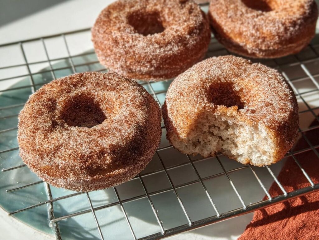 Close-up of homemade cinnamon sugar donuts on a cooling rack, one with a bite taken out, showcasing a fluffy interior.