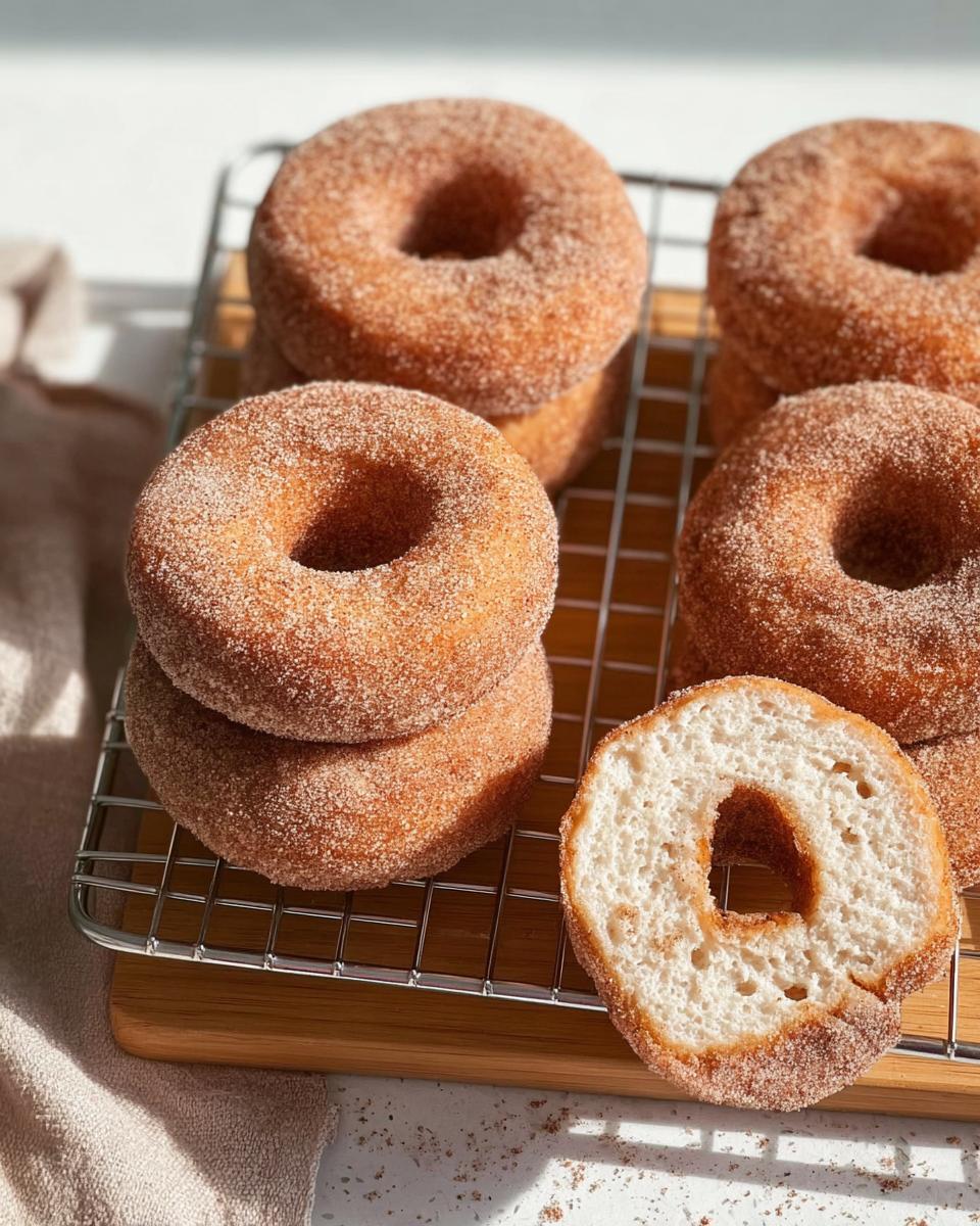 A stack of fluffy, homemade cinnamon sugar donuts on a cooling rack, with one donut cut in half to show its airy interior.
