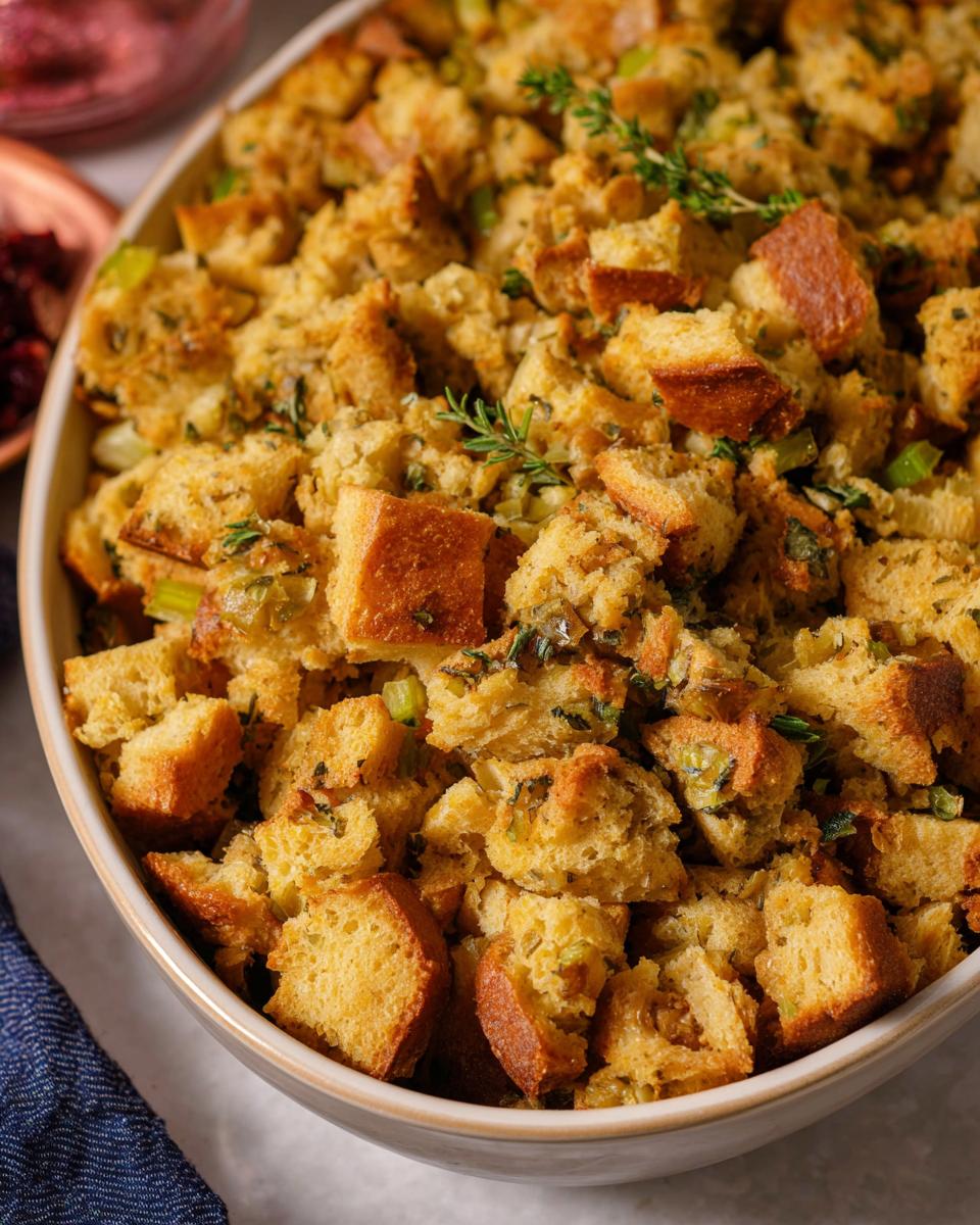 Close-up of a golden-brown classic stuffing recipe in an oval baking dish, garnished with fresh herbs.