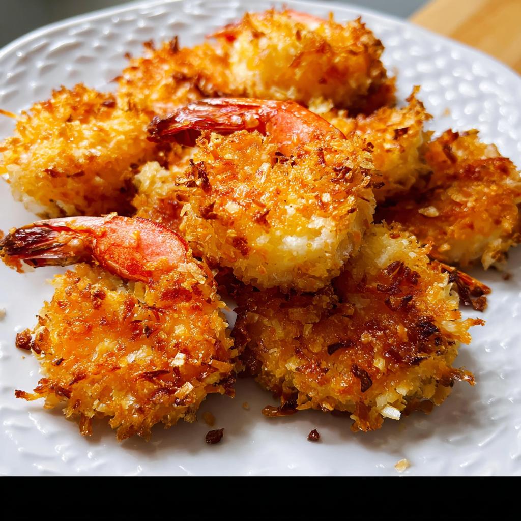 Close-up of golden-brown, crispy coconut shrimp piled on a white plate, a delicious addition to shrimp recipes.